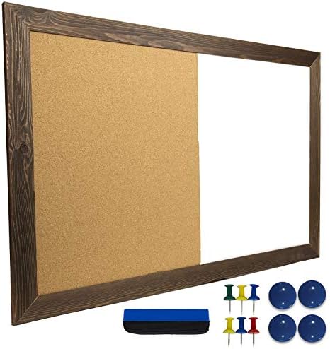 Excello Global Products Erase Dry Cork Board Combo: Placa branca magnética com boletim de cortiça e estrutura de madeira rústica para casa, escola, escritório - 24 x36