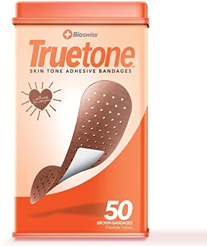 BioSwiss Truetone Brown Skin Tone Shade Standard Primeiros socorros de látex Bandagem livre para crianças e adultos, lata