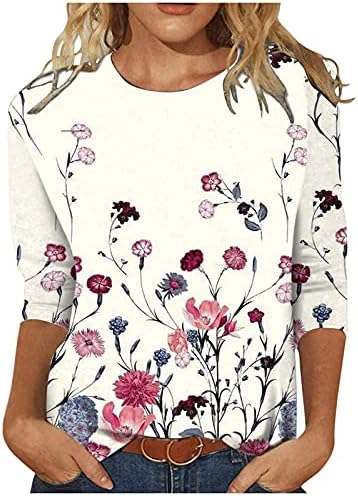 Impressão floral solta casual feminina 3/4 de manga Tops de túnica de túnica de túnica de túnica de túnica de manga comprida