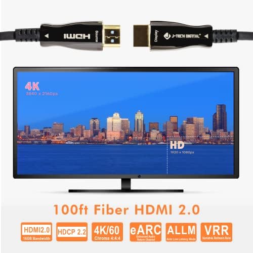 J-Tech Fibra Digital óptica HDMI Cabo HDMI 2.0 Cabo Ultra Slim Suporte HDCP 2.2, 18 Gbps, 4: 4: 4, HDR10, 100 pés [JTech-FCAB100]