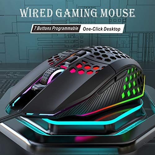 UIOSMUPH X801 Mouse de jogos com fio, mouse de jogos leves de favo de mel com retroilument RGB, 7 botões programáveis ​​e desktop com