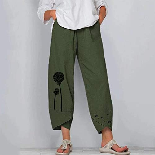 Calça capréns de verão dsodan para mulheres, linho de algodão largura capris feminina calça cortada cintura elástica calça de colheita folga