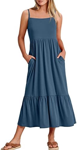 Vestidos de verão hcjkdu para mulheres espaguete de espaguete vestido maxi casual casual com bolsos de lasca de