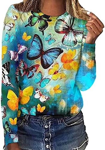 Mulheres redondo pescoço 3D Digital Butterfly Imprimir a camiseta de manga comprida Túnica Lady Tunic