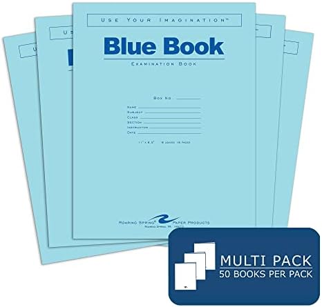 Os livros azuis do exame de primavera, 50 pacote, 11 x 8,5, 8 folhas/16 páginas, amplamente governadas com margem, orgulhosamente feitas nos EUA!