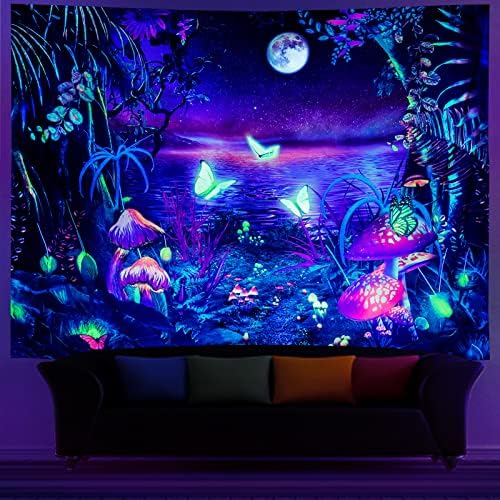 SERBORLUR Blacklight Fantasy Forest Tapestry estética da lua tapeçaria UV reativo reativo Butterfly Tapestres