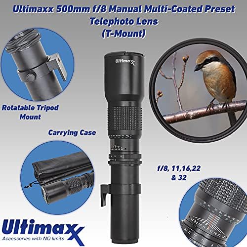 Ultimaxx 500mm f/8 kit de lente telefoto de telefoto de múltiplos revestimentos para canon EOS T5, T5i, T6, T7 T6i, T6S,