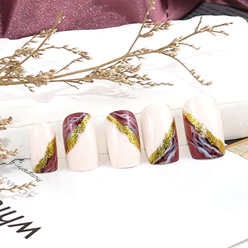 24pcs Francês prensando unhas comprimento médio unhas falsas designs de unhas de papelão douradas para mulheres brancas