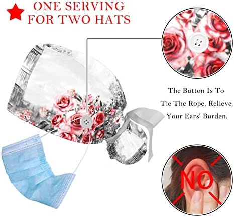 2 Pacote de tampas de trabalho com botão, Torre Eiffel vintage Big Ben Rose Flowers Bouffant Scrub Hats Women Long Hair