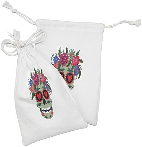 Conjunto de bolsas de tecido de caveira de açúcar de Ambesonne, de 2, sorrindo crânio usando uma coro de flores