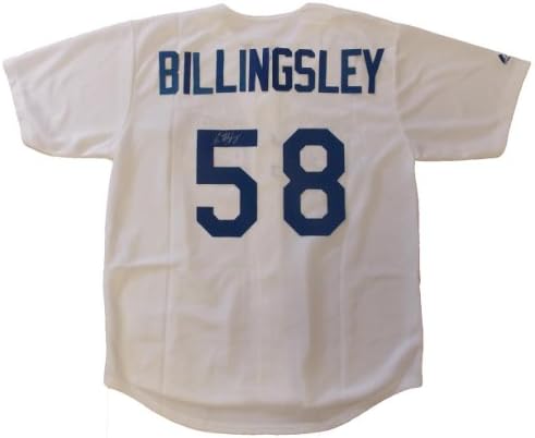 Chad Billingsley autografou a camisa branca de Los Angeles Dodgers com prova, foto de Chad assinando para nós, All Star, Los Angeles