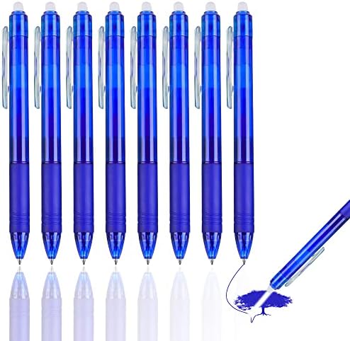 Canetas de gel apagável de riancy 8pcs azuis de canetas apagáveis ​​retráteis, ponto fino, cometer erros desaparecer, tinta azul para