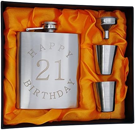 Conjunto de presentes de balão de 21º aniversário - Flask de 7 oz gravado com feliz 21 aniversário