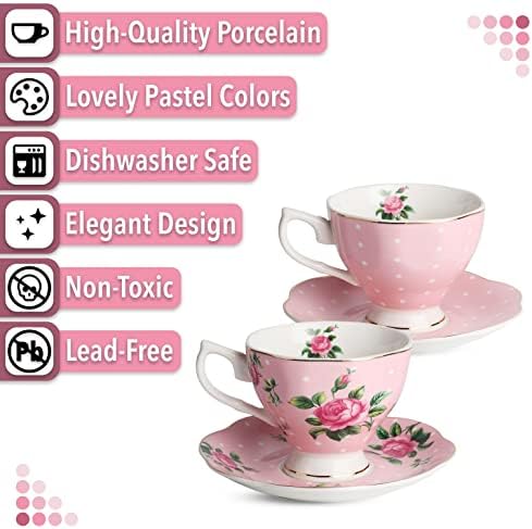 BTAT- xícaras de chá e pires florais, conjunto de 2 com acabamento e caixa de presente, xícaras de café, conjunto de chá floral,