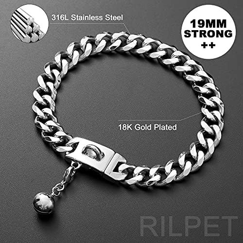 Rilpet Dog Chain Gollar Cola de corrente de metal com design Secure Buckle e Id Id Tag e Bell High Polished Cuban Link Link forte