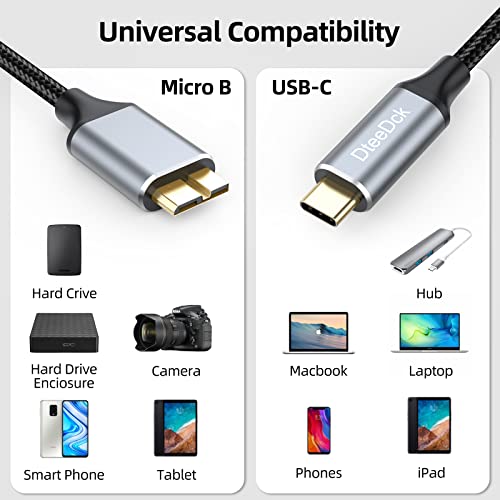 DTEEDCK Micro B para USB C Cabo do disco rígido 1,6 pés curtos, 20 polegadas USB tipo C para USB Micro B Cabo de cabo