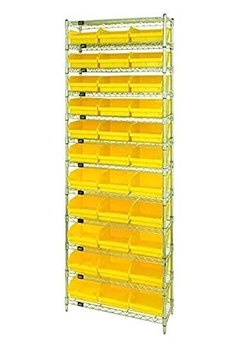 Sistemas de armazenamento quântico WR12-110GN Sistema completo de prateleiras de arame de 12 camadas com 33 caixas verdes QSB110, acabamento cromado, 18 largura x 36 comprimento x 74 altura