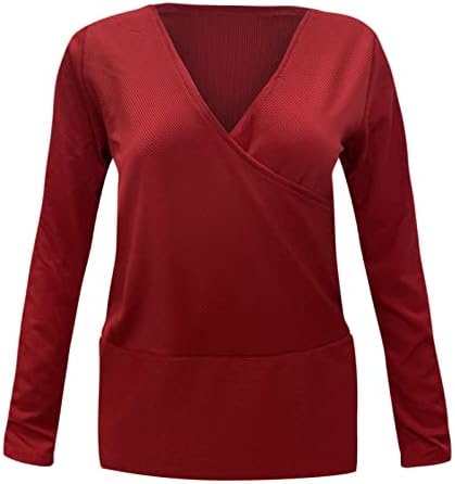 Camisolas femininas para o outono Fashion Wrap V pescoço de manga comprida Madeiras suéteres causais Pullover liso Blusa Slim