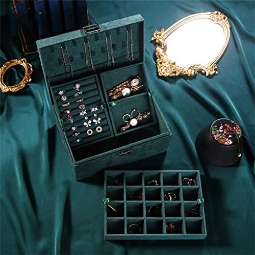 Caixa de jóias caixa de jóias portáteis de camada dupla com veludo verde fannel display organizador de armazenamento
