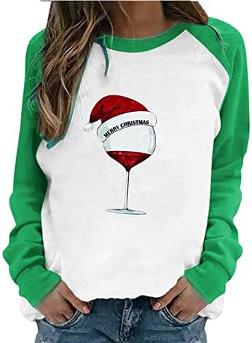 Camisas de Natal para Mulheres, Feliz Feliz Natal Vinho Glass de Papai Noel Hat de Matalha Longa de Manga Longa Molus de Camises Tops
