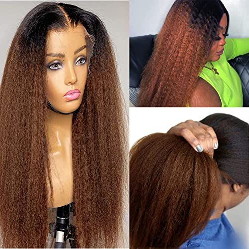 Jinximeihe ombre marrom marrom calça reta de renda frontal cabelos humanos 13x4 yaki perucas de cabelo humano reto para mulheres 150% densidade