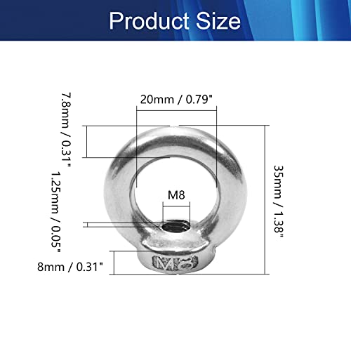 Jutagoss Lifting Eye porca m8 feminina feminina 304 forma redonda de aço inoxidável para ajuste de corda Tom de prata 20pcs