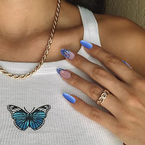 Yosomk Blue Fake Nails Pressione Médio Almond em unhas com Glitter Ligins Designs Cobertura completa brilhante unhas