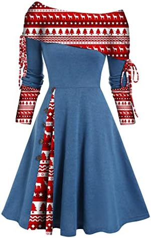 Ruziyoog Women Women Color Block Swing Dress Sexy Off ombro French Terry Fleece Vestres Fall Xmas Casual A-Line Dress