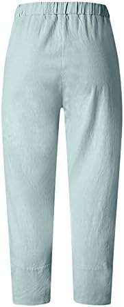 Calças de linho de algodão casual de verão para mulheres calças de perna reta larga com cintura alta com bolsos com calças