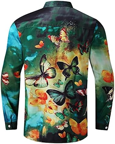 Camisas de linho de algodão beuu para homens, botão de outono para baixo de manga comprida pássaros borboleta impressão casual camisa