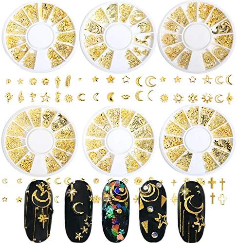 3D Nail Art Metal Rivets Studs Charms Decoração 6 caixas Decalques de unhas de ouro Gold Decalques de joias punk estrela joias de jóias de unhas suprimentos de unhas de unhas e unhas de unhas Dicas de manicure para mulheres