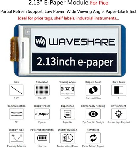 Módulo de exibição de papel eletrônico de WaveShare 2,13 polegadas para Raspberry Pi Pico, preto Branco de duas cores 250x122 Pixels Economiar tela LCD SPI Suporte
