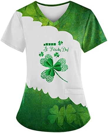 Camisa de impressão de trevo de St Patrick para mulheres v pescoço de manga curta casual blusa de trabalho solta com bolsos