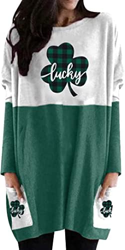 Mousya St Patrick Camisa do dia do dia Mulheres Clear Heart Tops de manga longa Plus Size Color Block Sweatshirt com bolsos