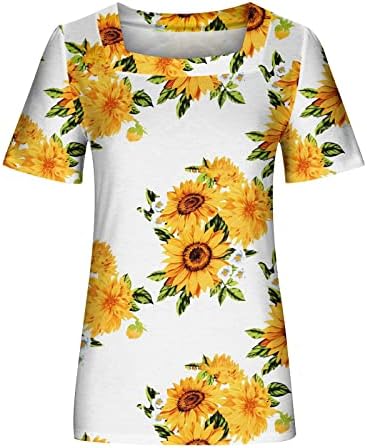 Tops estampados florais para mulheres 2023 Verão casual de manga curta camiseta de pescoço quadrado camiseta solta blusa