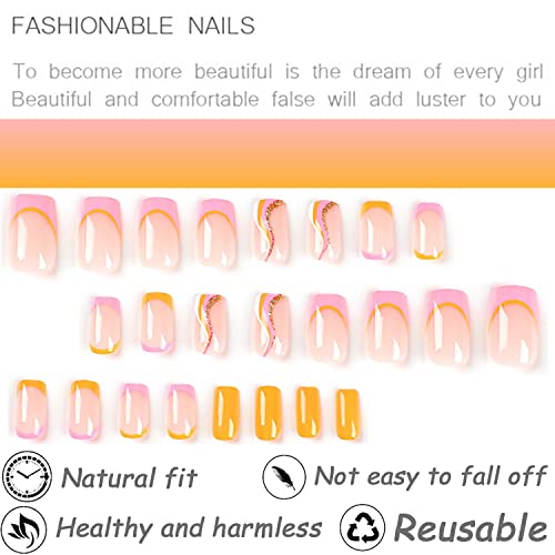 Dica francesa Pressione as unhas quadradas curtas unhas falsas com designs coloridos de redemoinho laranja rosa branco unhas