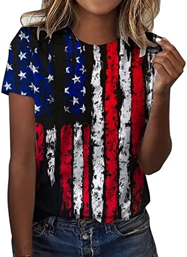 Senhoras 4 de julho de verão Tops Retro USA Star and Stripe Print Manga Short Tshirt Casual Loose Crewneck Pullover