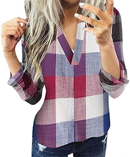 Shusuen Feminino Casual V de Manga Longa de Manga Longa Camisa Plaid Shaket Slim Classic-Fit Lightweight Shirt Top Top