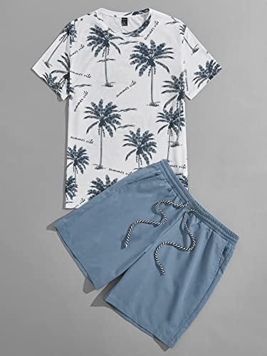 Roupas de duas peças do NIBHZ para homens Palm Tree & Letter Graphic Tee e Shorts de cintura de cordão