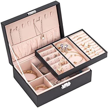 Smileshe Jewelry Box for Women Girls, caixa de porta de couro PU com trava, 2 camadas removíveis de armazenamento de armazenamento estojo para anéis Brincos colares