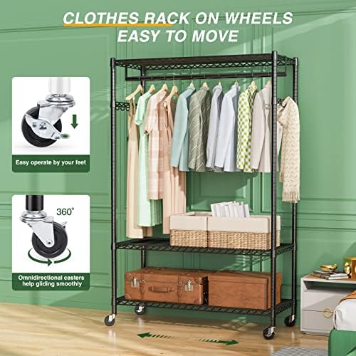 Lehom G2 Rack de roupas para serviço pesado, 3 camadas rolando rack de vestuário para pendurar roupas, rack de roupas