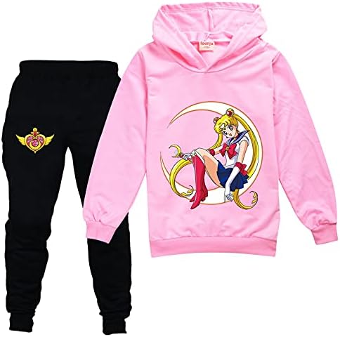 Leeorz Kids Sailor Moon Sorto de moletom fofo e calças de corrida 2 peças 2 peças Ternos de moletom casual