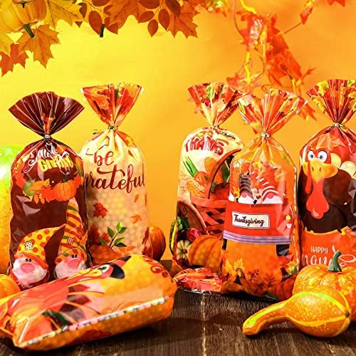 Spiareal 120 PCs Ação de Graças Sacos de Celofane Flores de Maple Bolsa Goodie Treat Candy de abóbora Autumn com 150 laços