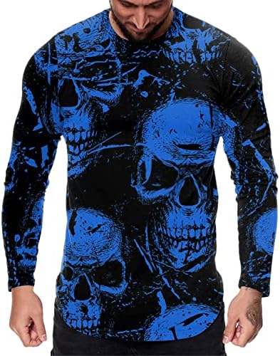 Camisetas de manga longa de Zddo mass, Halloween Skull Print Crewneck Muscle Tops Tops Fall Sports Casual Basic Tam camiseta