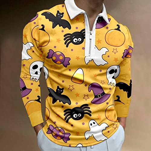 Camisetas de pólo de Halloween de Zddo para homens, manga longa com zíper de gola muscular tops de golfe engraçado camiseta gráfica