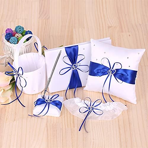 Xmeifei Peças 5pcs material de casamento Double Heart Flower Girl Basket 77 polegadas Ring Bourer Pillow Convidado Livro do Livro