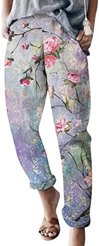 Calça de linho de algodão CRUPPED MULHERES CAPRI CASUAL CAPRI COM POLOS PALHAS ALTA CANTELA PLANTS DE PRAIA DE DEDELION HAREM