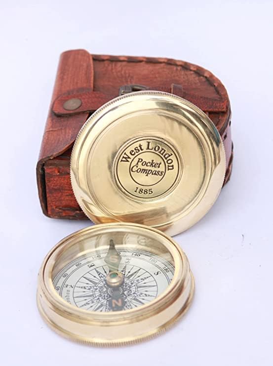 POLESS NAUTICAL BRASS Poema Compass 2 polegadas Vintage Pocket Compass 1885 com caixa de couro por N&R Handicraft