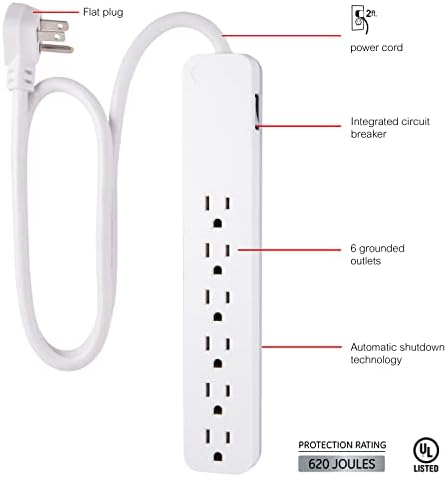 Protetor de extensão GE 6 outlet Surge, cabo de extensão de 3 pés, tira de energia, 840 joules, plugue plano, UL listado, branco,