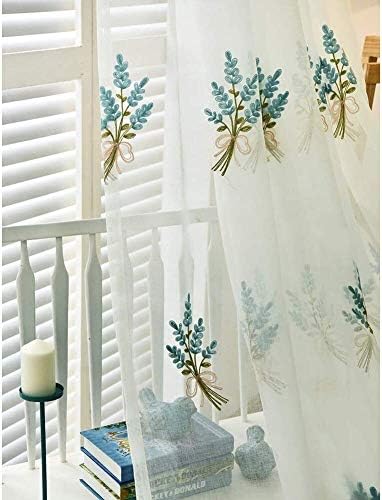 Cortinas Voile Bordado Bordas Blue Flowers Semi transparente Curtain Lápis Prega para sala de estar quarto de crianças quarto